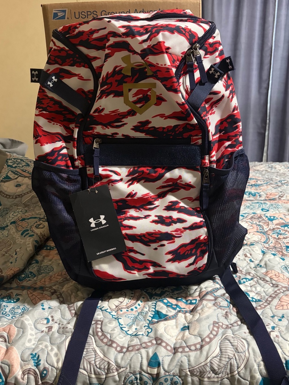 Under Armour Men’s Red White Navy Camo Baseball Backpack